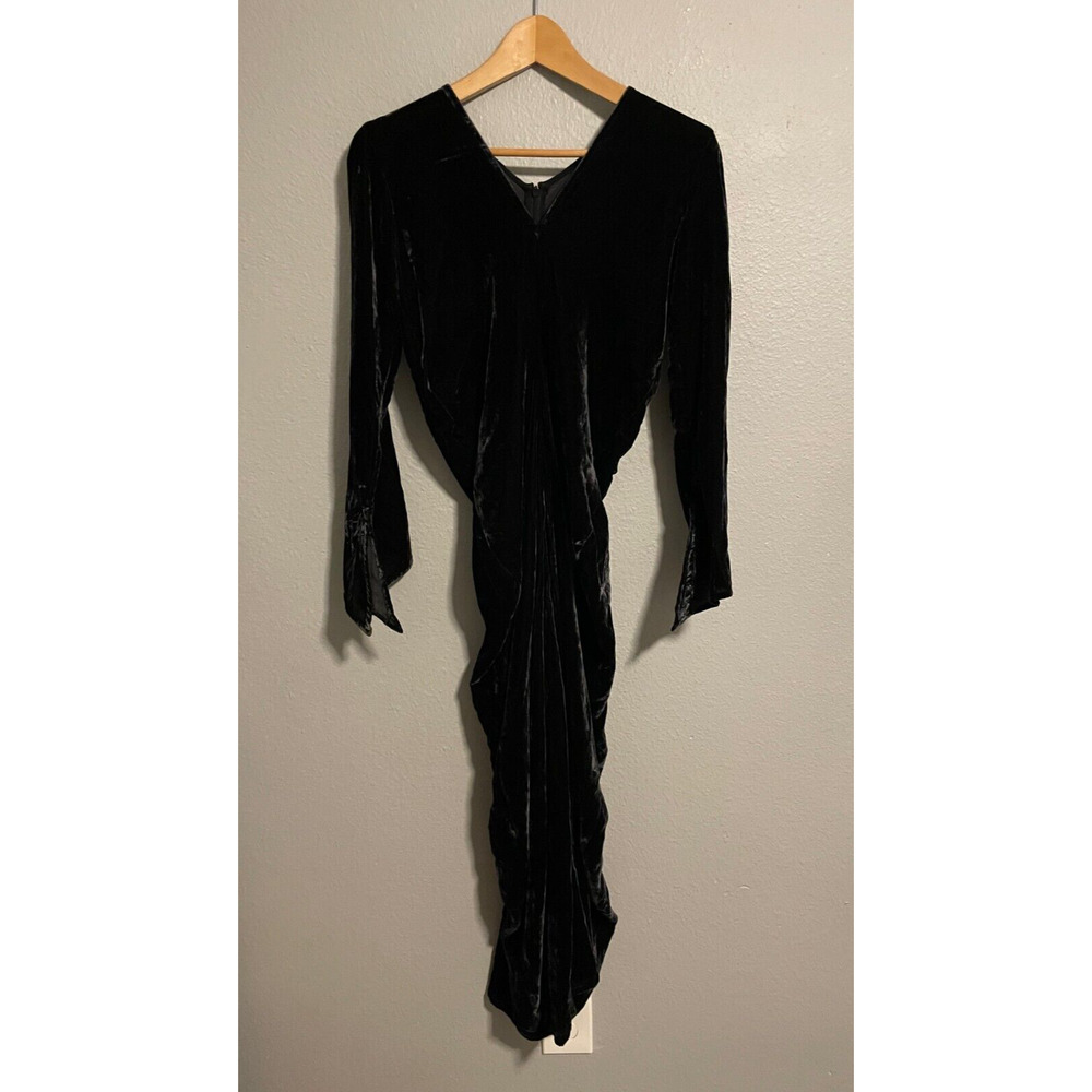 Vintage Women Dress Small Black Velvet Ruched Witchy Whimsigoth Flare Sleeve 90s